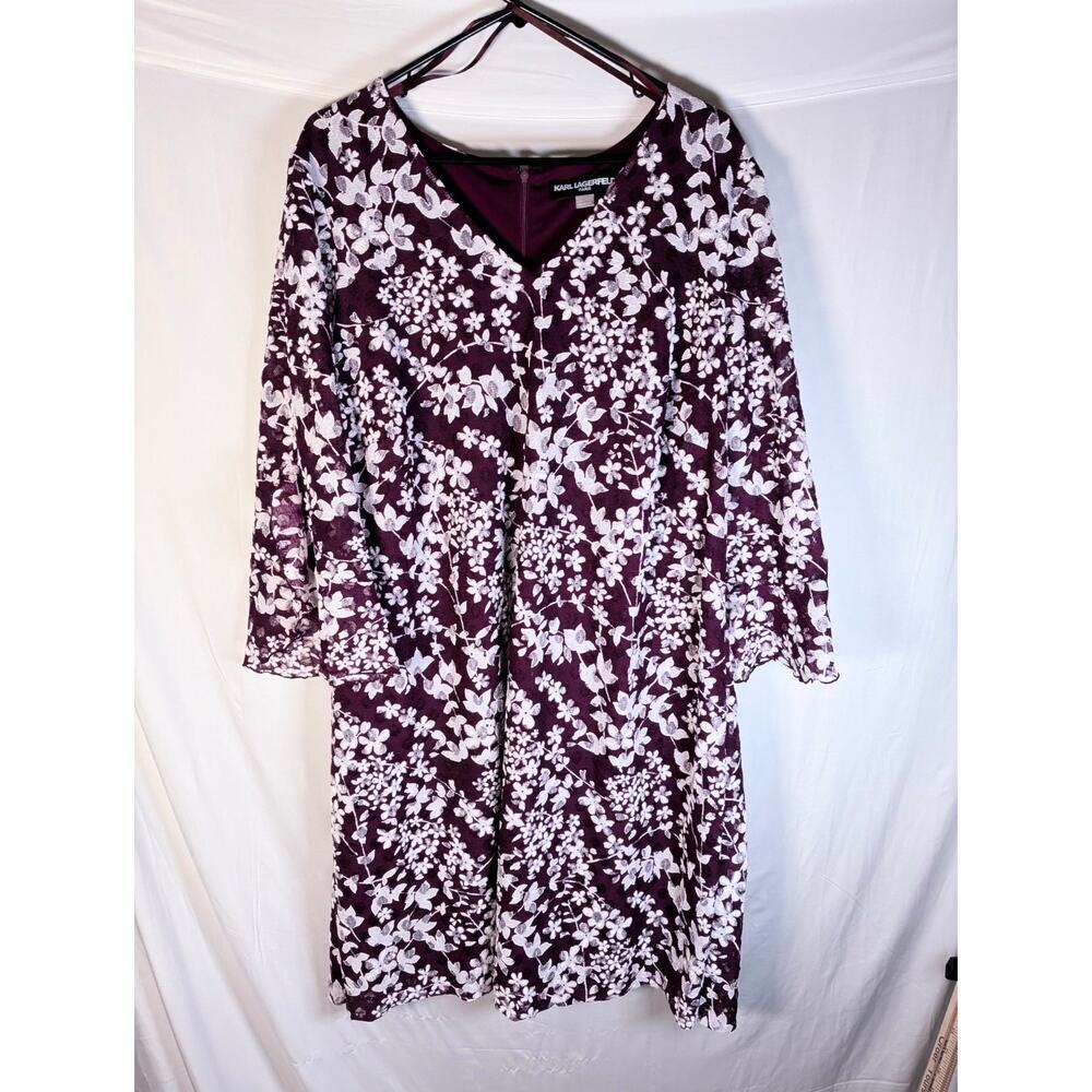 Karl Lagerfeld Paris Size 20W Burgundy Floral Lace Midi Dress 3/4 Sleeve Fairy